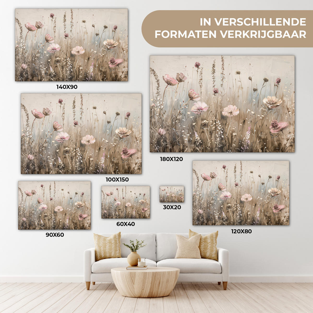 LEINWANDBILD Blumen - Rosa - Modern - Beige Wohnzimmer 120x80 cm - Beige, Textil (120/80cm) - MuchoWow