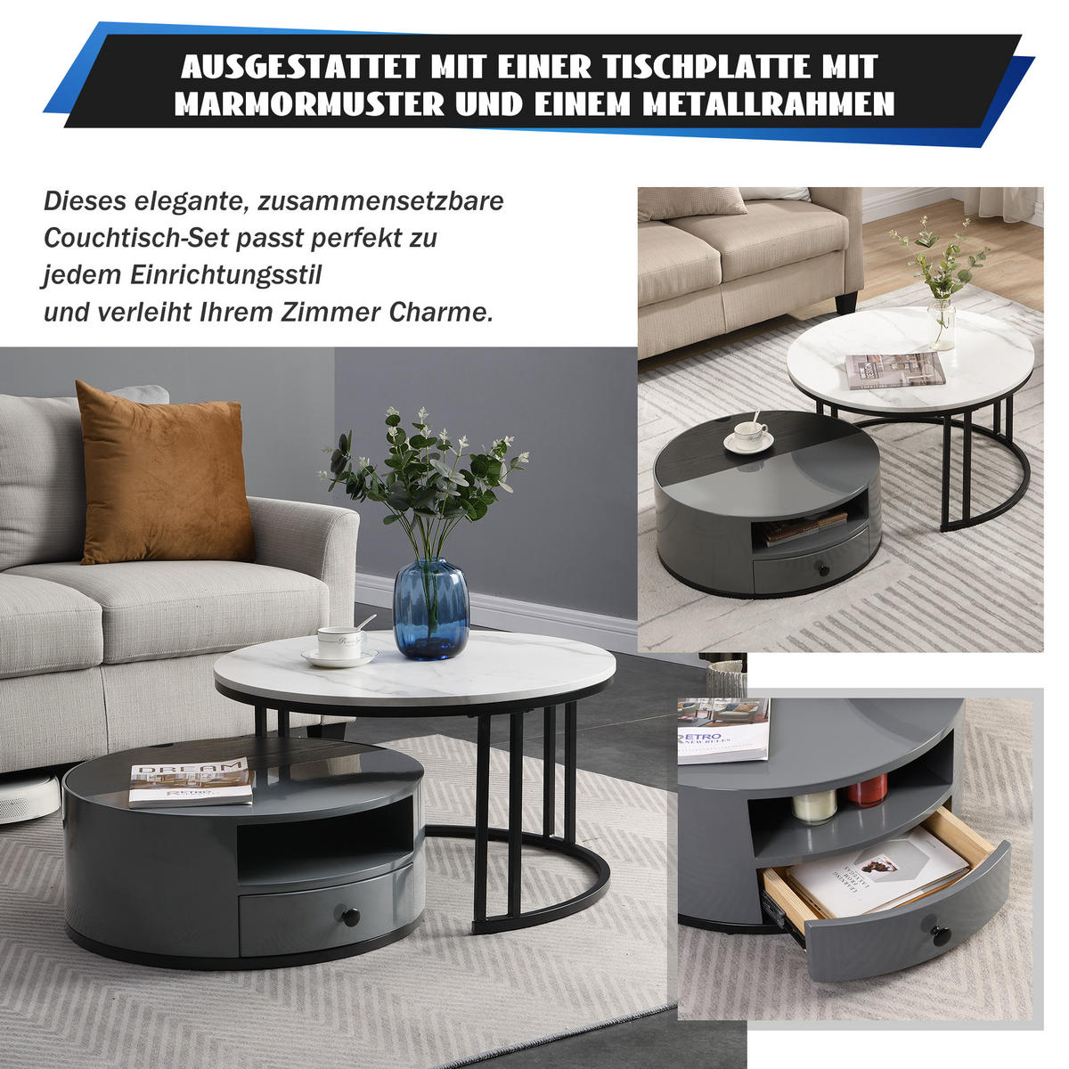 COUCHTISCH grau und weiß - Schwarz/Weiß, Holzwerkstoff/Metall (70/70/40cm) - Urban Meuble
