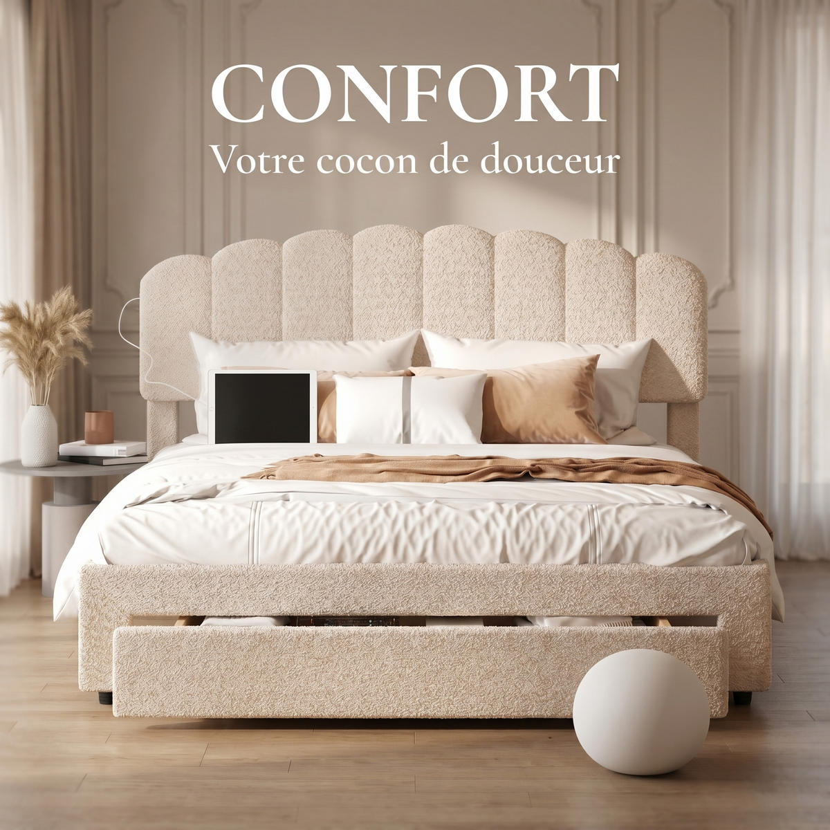 BETT 160x200 cm mit Schublade und USB-Anschluss, Kopfteil, Teddy-Velours, Beige - Beige, Holzwerkstoff/Textil (160/200cm) - WoodenAura