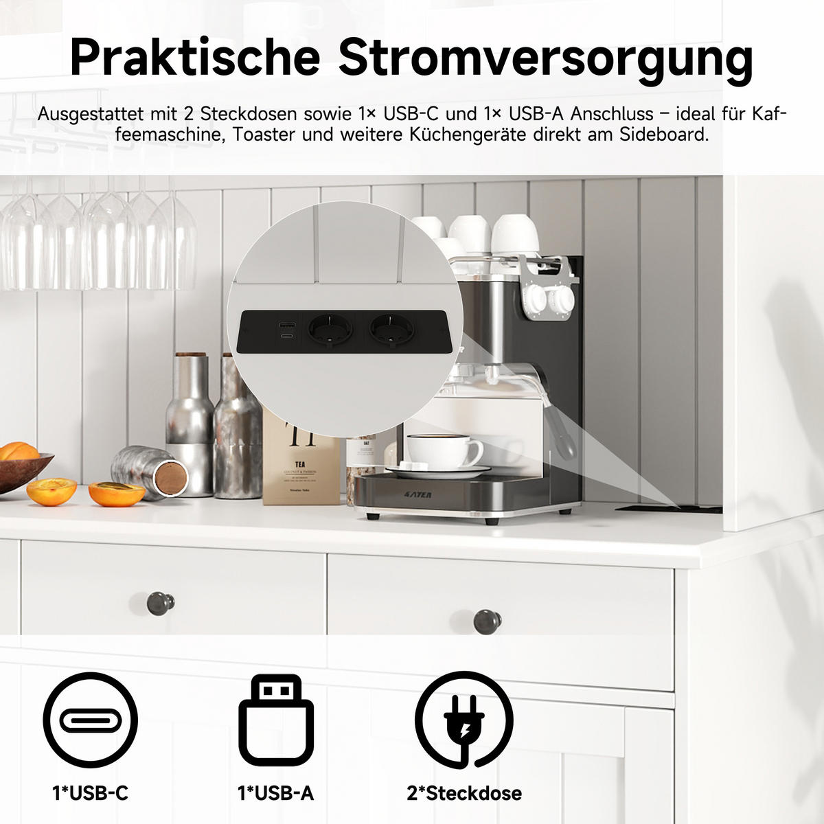 BUFFETSCHRANK DE-38594 120/40/191 cm Glastüren und integrierte Steckdose Weiß - Weiß, Holzwerkstoff (120/191/40cm) - ComfortXL