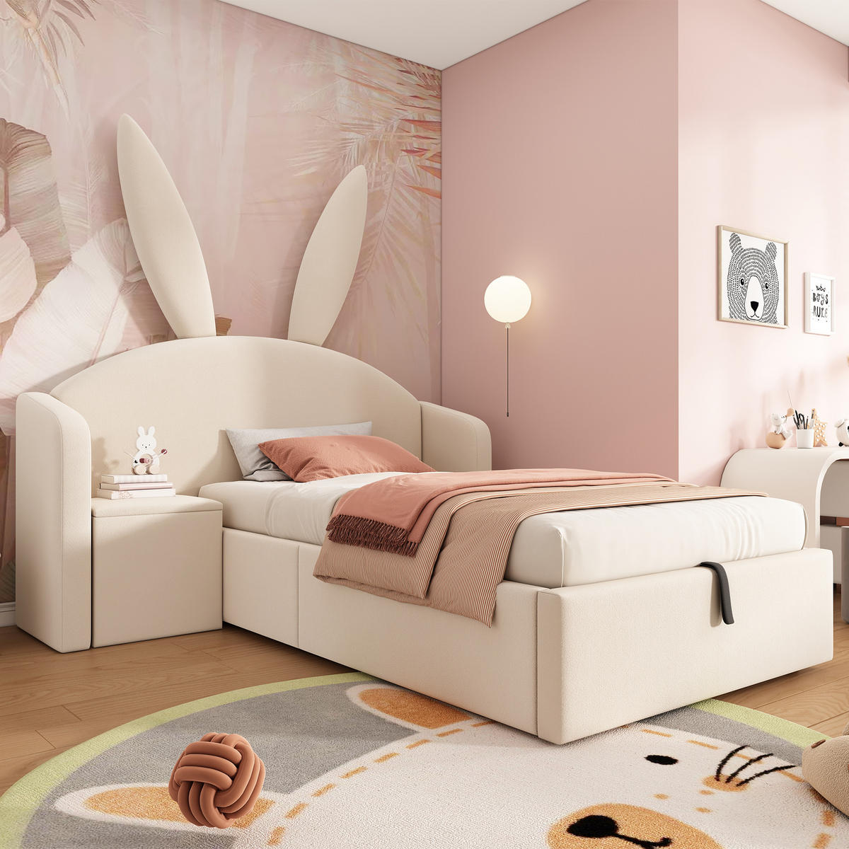 POLSTERBETT 90/190 cm aus Samt mit Bettkasten und Nachttisch - Beige, Textil (90/190cm) - Flora Grace