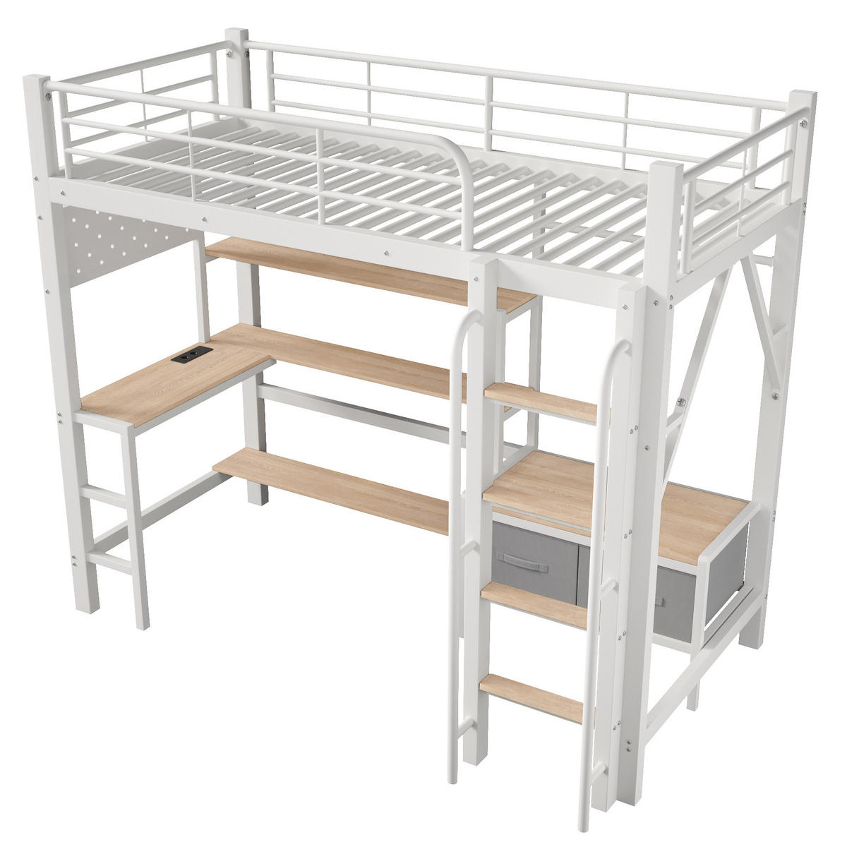 HOCHBETT 90/200 cm mit Eisenrahmen Weiß, Schreibtisch, Lochwand und LED-Licht - Weiß, Metall