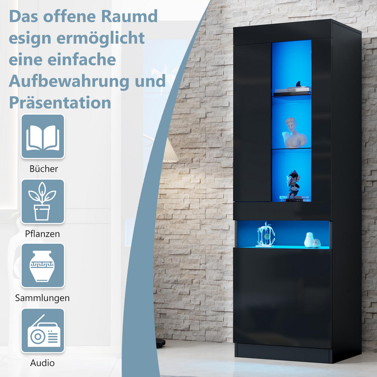 VITRINE LED Schwarz Stauraum Buffetschrank Wohnzimmerschrank modern - Schwarz, Holzwerkstoff (40/180/50cm) - FLIEKS