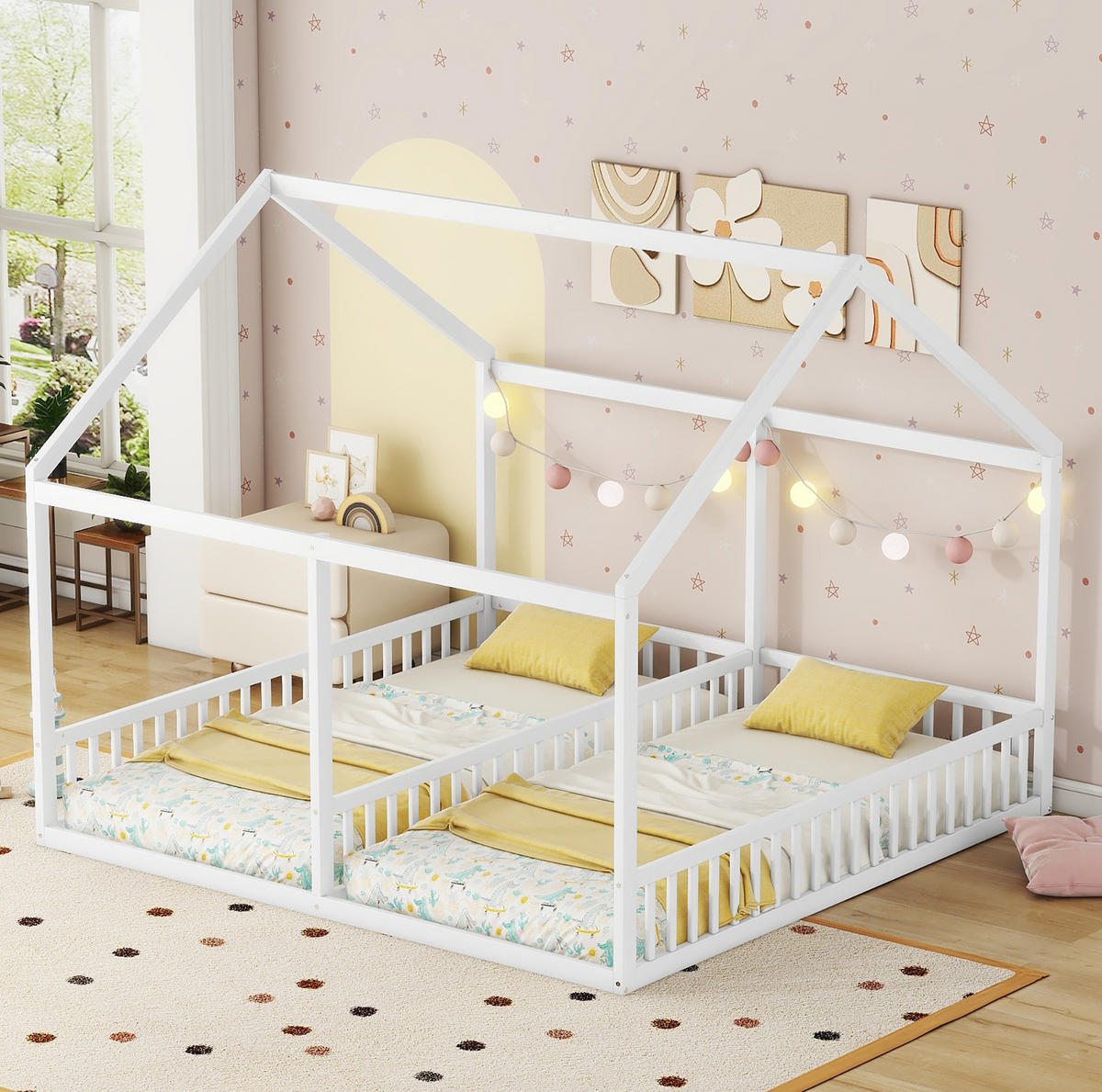 HAUSBETT 90/200 cm, Weiß mit 2-in-1-Funktion und Schutzgitter - Weiß, Holz (90/200cm) - MIVRAY