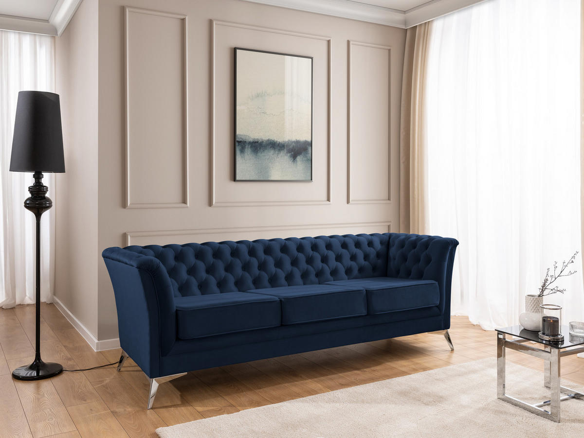 CHESTERFIELD-SOFA 3-sitzer Whitby Marineblau Samt mit silbernen Füßen - Silberfarben/Dunkelblau, Holz/Textil (237/78/82cm) - S-Style Möbel