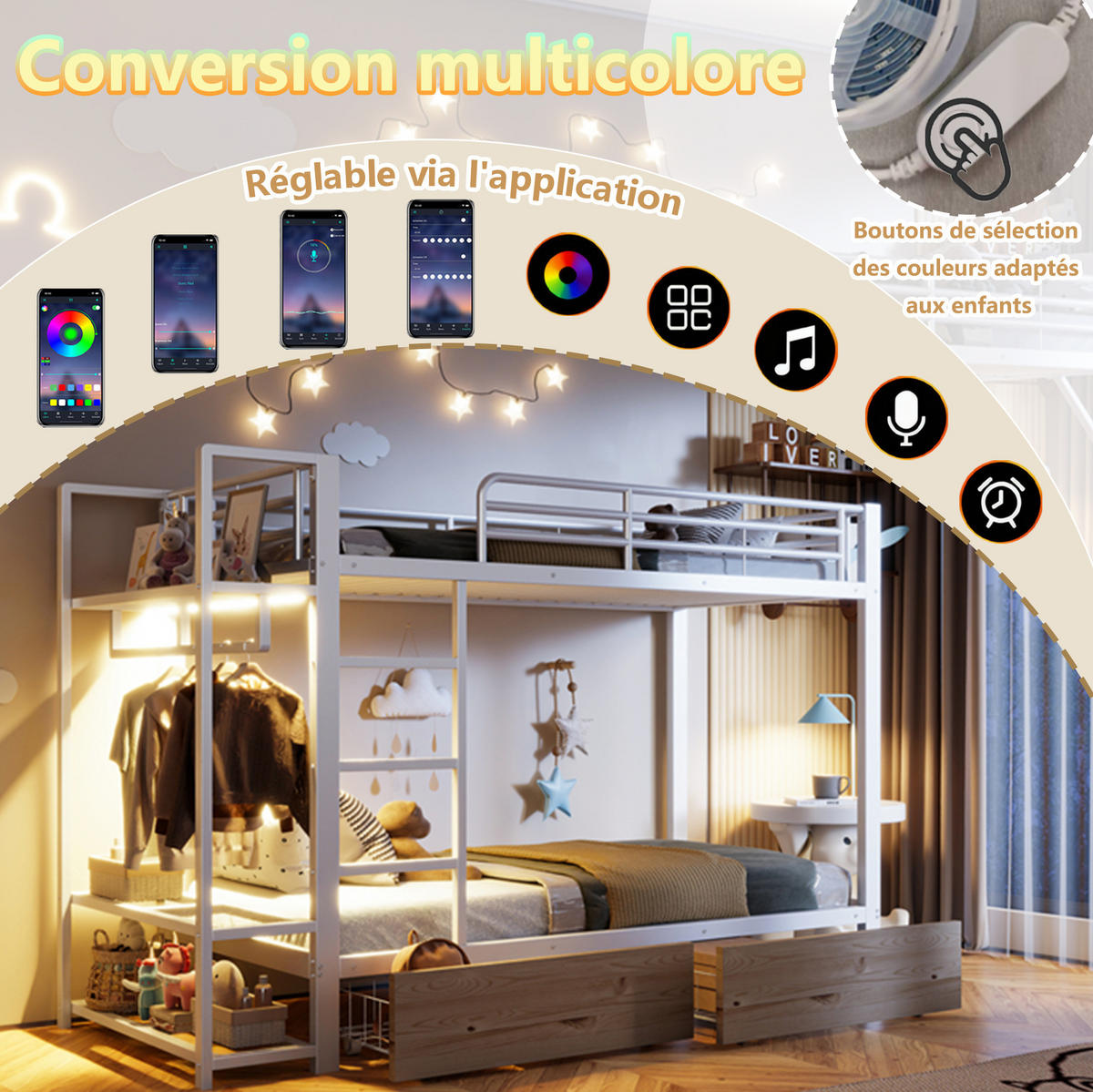 ETAGENBETT 90/200 cm in Weiß mit LED-Beleuchtung, 2 Schubladen und Ablageflächen - Weiß, Metall (90/200cm) - OKMYHOME