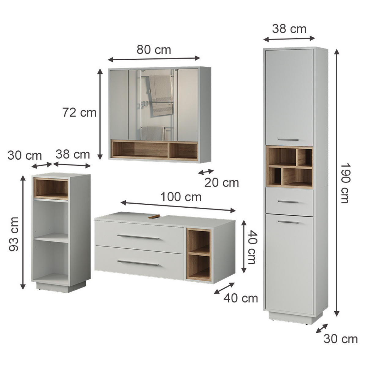 BADMÖBEL-SET Beatrice, Weiß/Sonoma, 4-teilig - Weiß/Sonoma Eiche, Holzwerkstoff (100/40/40cm) - Vicco