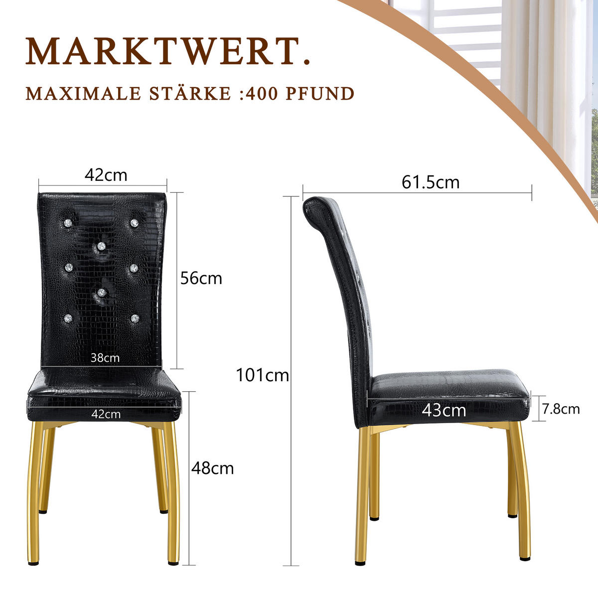 STUHL-SET DE-36774 2 Stück mit Krokodil-Prägung und vergoldeten Metallbeinen Schwarz - Schwarz, Metall (42/101/61.5cm) - ComfortXL