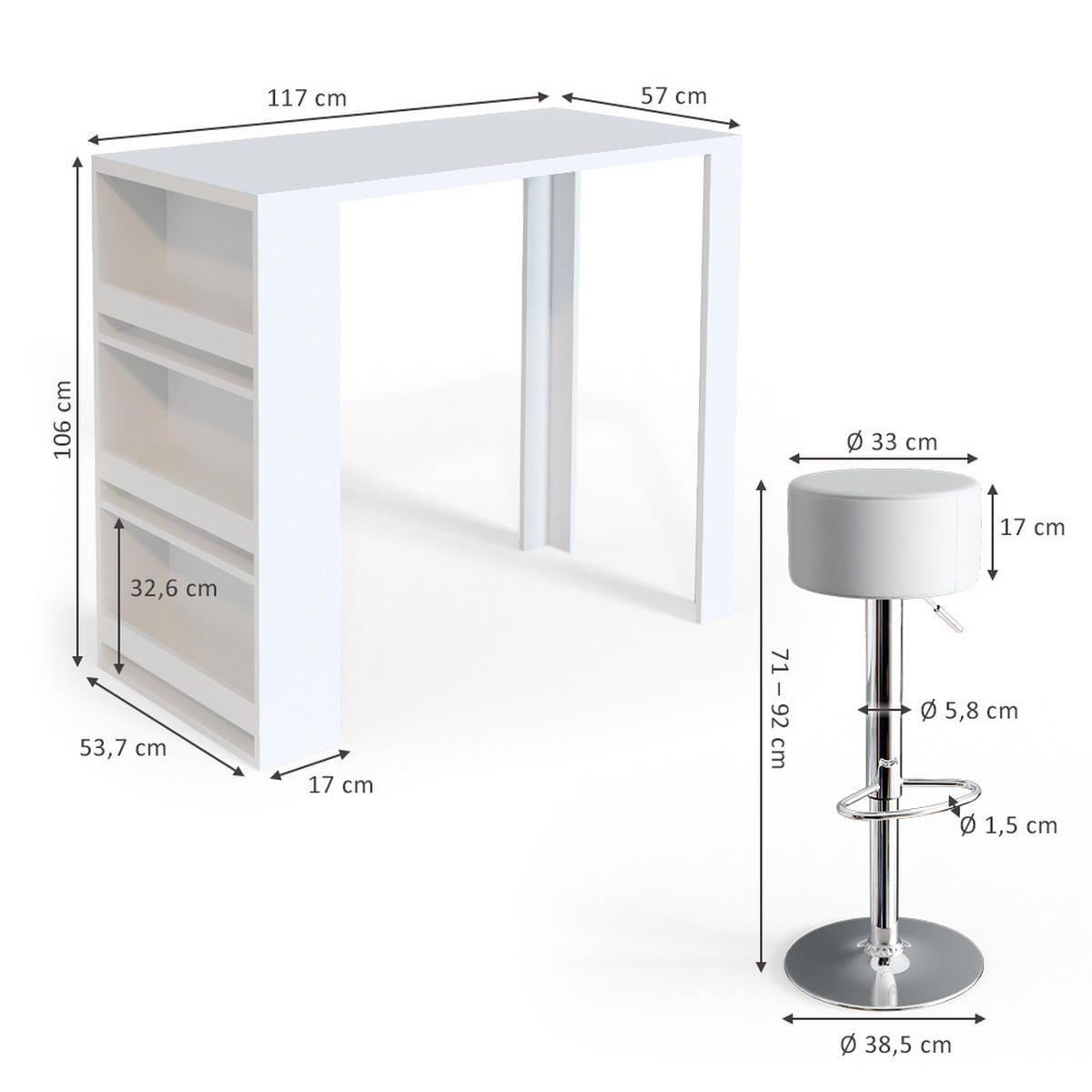 BARTISCH-SET Weiß 57 x 117 cm mit 2 Barhockern - Weiß, Holzwerkstoff (57/106/117cm) - Vicco
