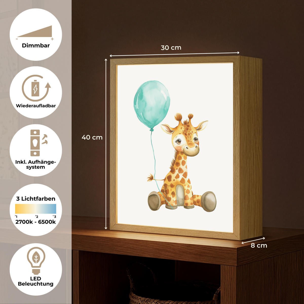 NACHTTISCHLAMPE MIT AKKU Giraffe - Baby - Tiere - Blauer Ballon 30x40 cm - Weiß, Holzwerkstoff (8/30/40cm) - OnlyWow
