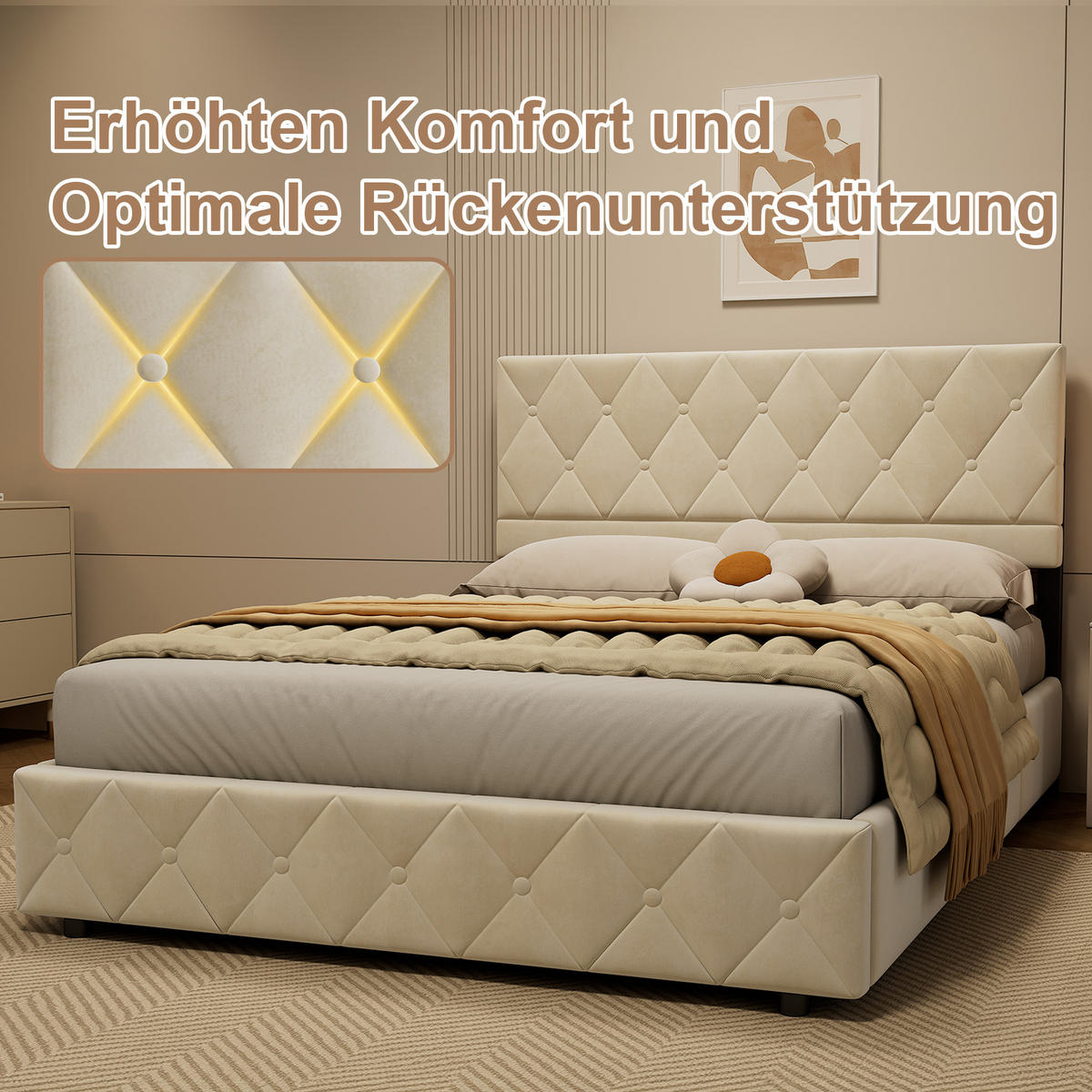 POLSTERBETT 140/200 cm mit Bettkasten in Beige Samt, ohne Matratze - Beige, Holzwerkstoff/Textil (140/200cm) - WISHDOR