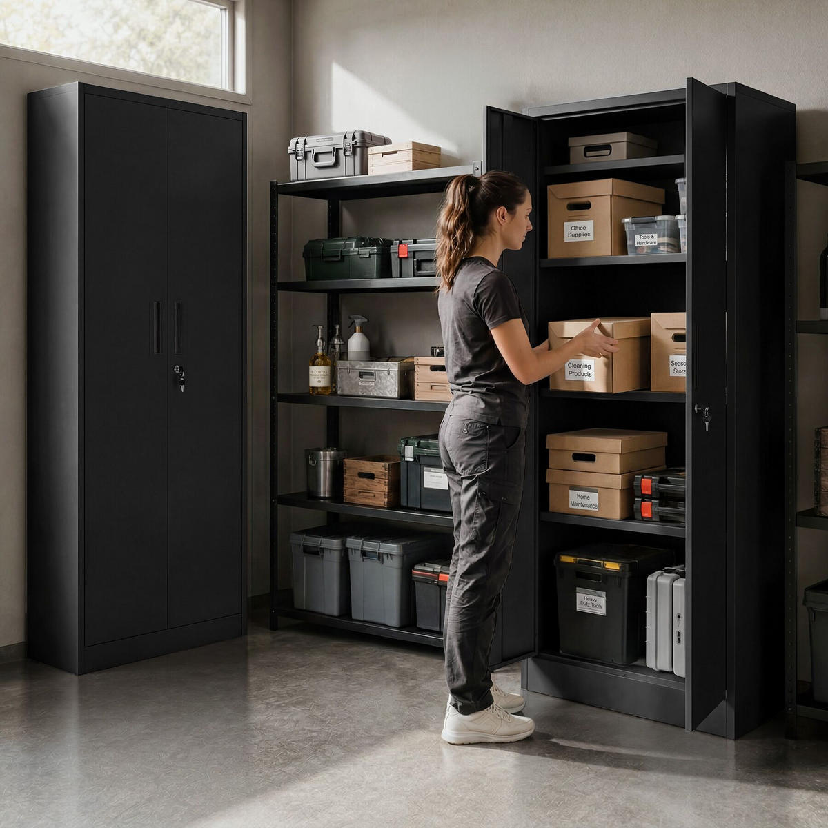 AKTENSCHRANK Brandon, Kippschutz, höhenverstellbare Füße, schwarz - Schwarz, Metall (60/180.5/40cm) - tectake