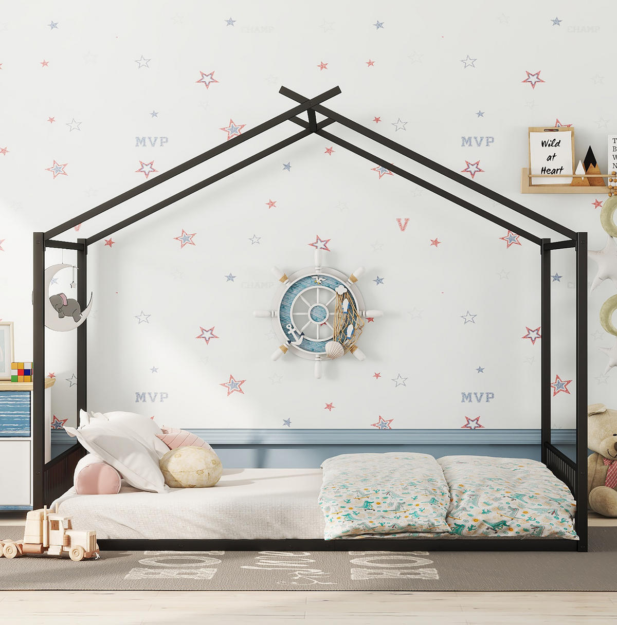 POSTELJA v obliki hiše 140/200 cm črna iz kovine s stabilnim okvirjem - črna, kovina (140/200cm) - OKWISH