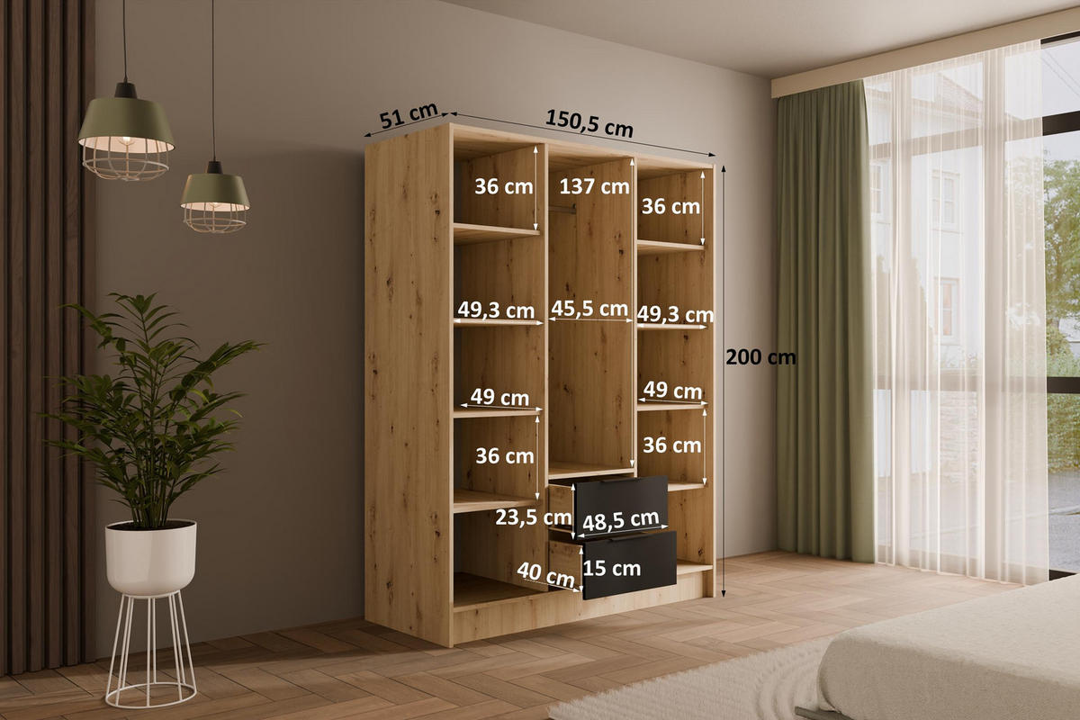 KLEIDERSCHRANK NELIA - 150 cm - Schwarz/Eiche Artisan, Holzwerkstoff (150/200/51cm) - ALTDECOR