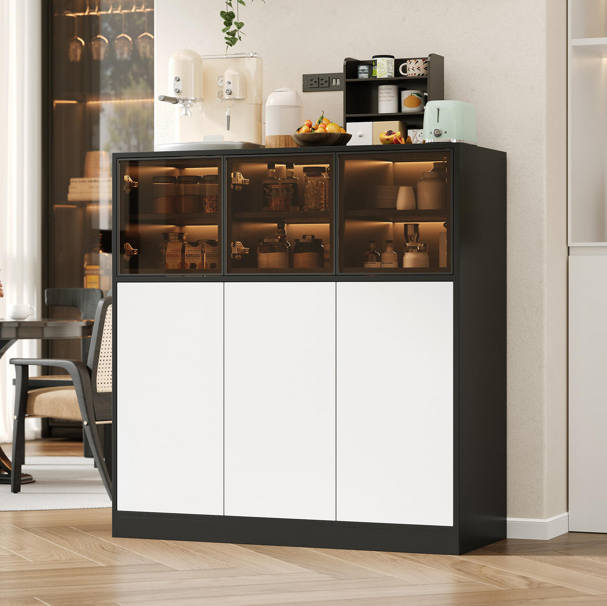 SIDEBOARD in Schwarz-Weiß 100x40x105 cm mit 6 Türen und LED-Beleuchtung - Schwarz, Holzwerkstoff (40/105/100cm) - IVMEU