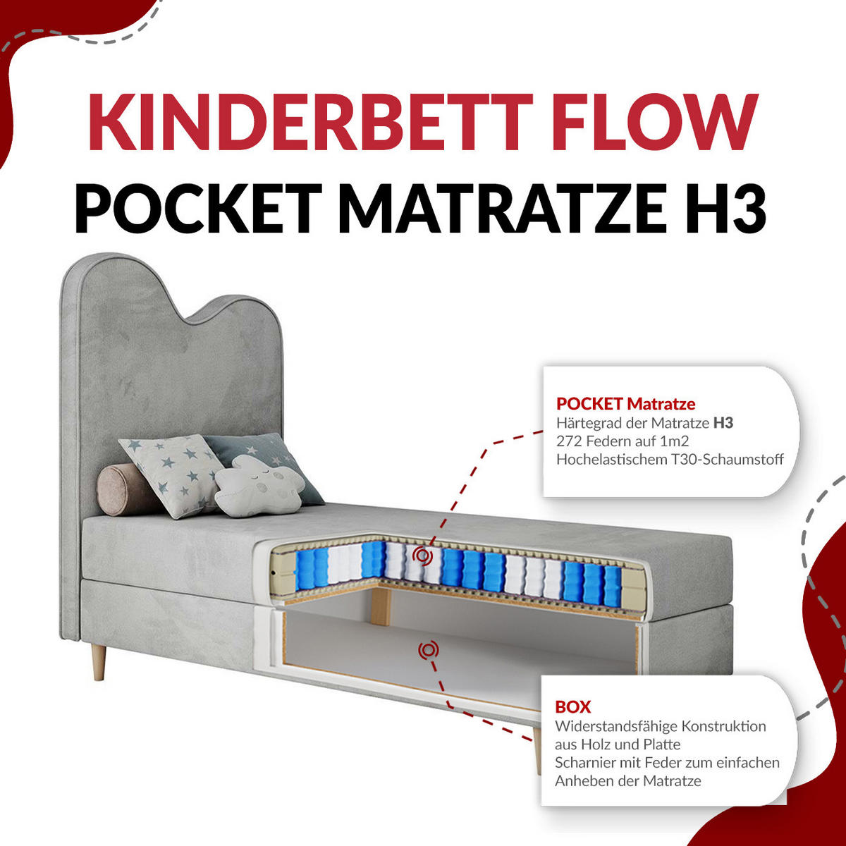 BOXBETT FLOW 90/180 Hellgrau Velvet - H3 - Hellgrau, Holz/Textil (90/180cm) - MKS