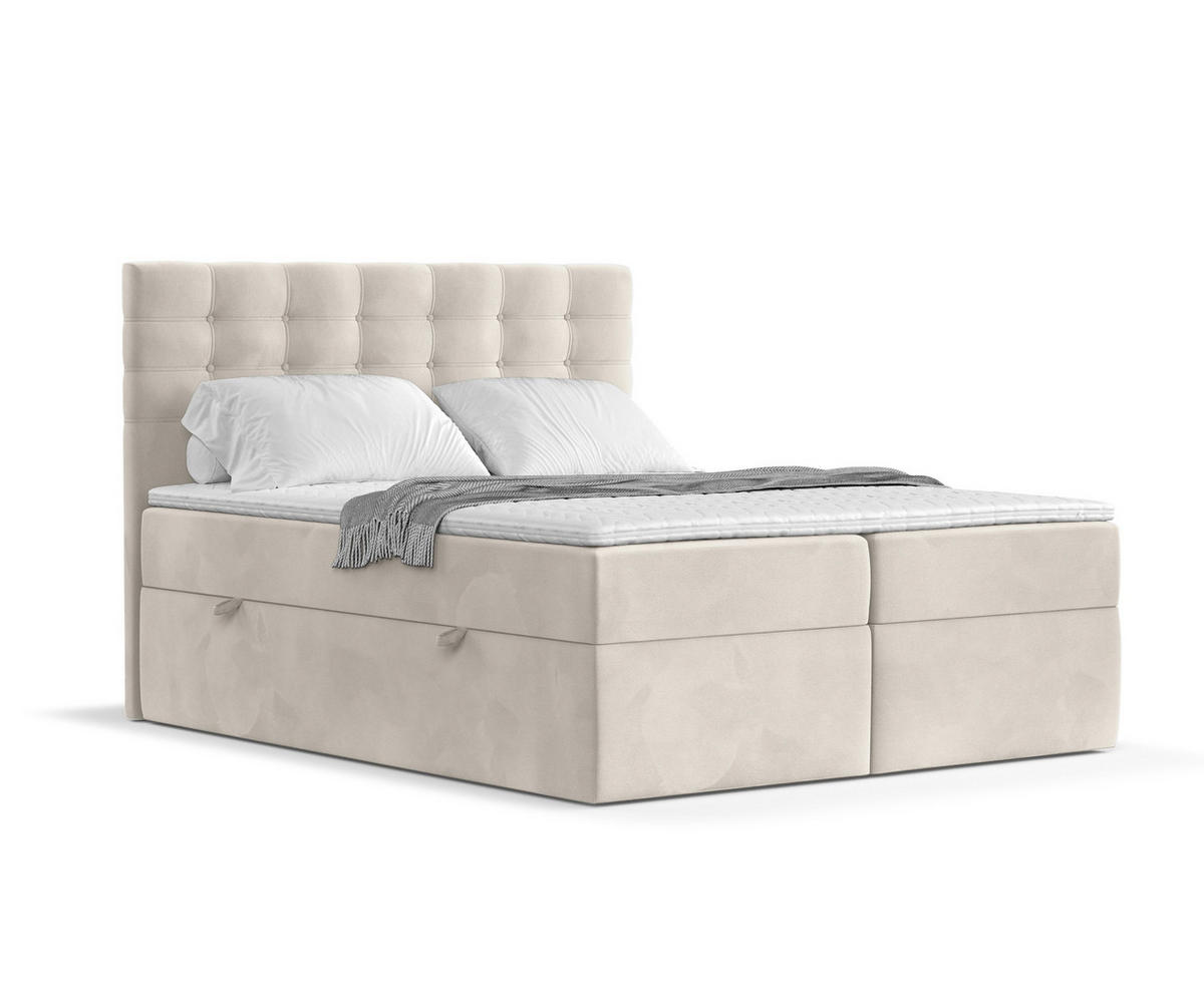 BOXBETT Sansa Hellbeige 120/200 cm mit Taschenmatratze und Topper - Beige/Schwarz, Holz/Holzwerkstoff (120/200cm) - Maison de Reve