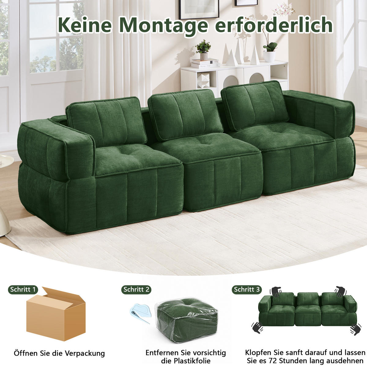 SOFA 271/93/67 cm in Grün aus Polyester mit modularer Flexibilität und rutschfester Basis - Grün, Kunststoff (93/67/271cm) - Flora Grace