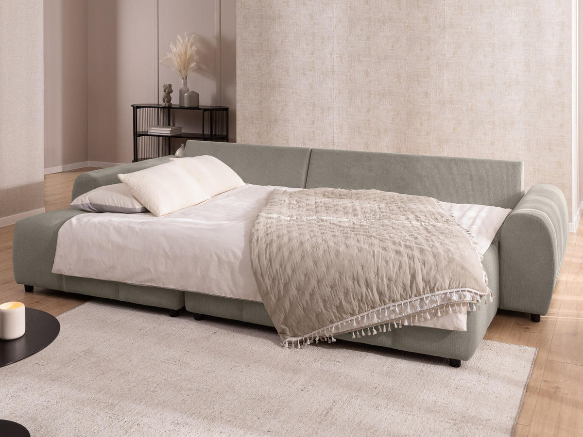 ECKSOFA inkl. Hocker Bubble mit Schlaffunktion und losen Rückenkissen, Sitzfläche in Bubble-Optik aus weichem Taupe Strukturstoff - Ottomane Links - Taupe/Schwarz, Holz/Kunststoff (180/306cm) - S-Style Möbel