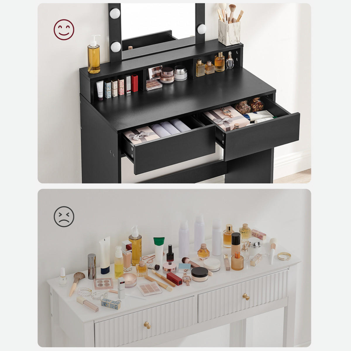 SCHMINKTISCH 1 Schublade, 3 Fächer und 1 Spiegel mit Lampen Schwarz – B80 cm - Schwarz, Holzwerkstoff (40/145/80cm) - Calicosy
