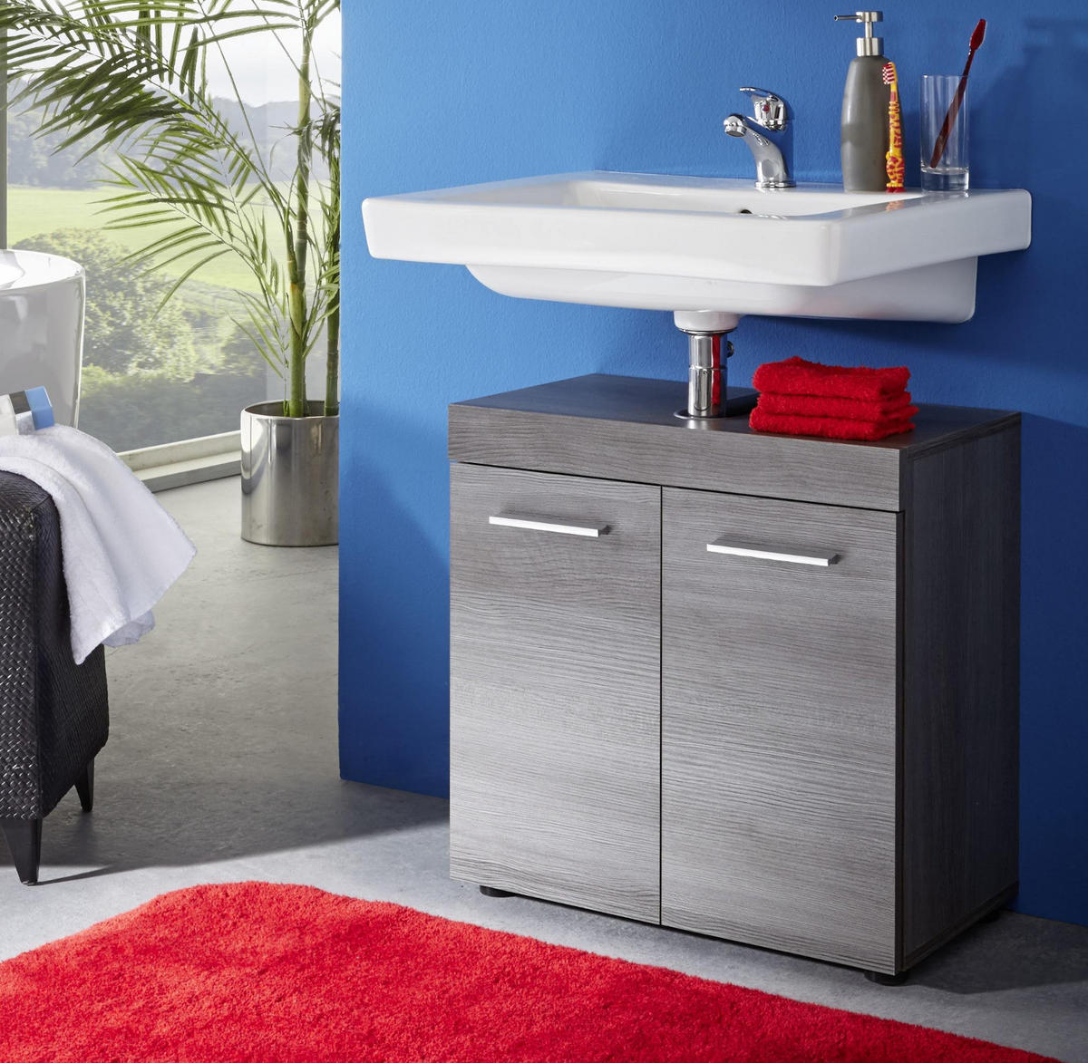 WASCHBECKENUNTERSCHRANK grau Rauchsilber 58 cm, Badschrank 2-türig - Silberfarben/Schwarz, Holzwerkstoff/Kunststoff (58/57/31cm) - Top.Furn