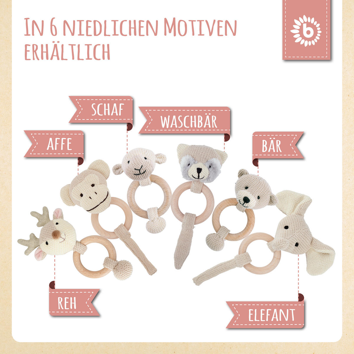 GREIFLING Rassel Holz Natur und Baumwoll - Rosa, Textil (10/17cm) - Bieco Spielwaren