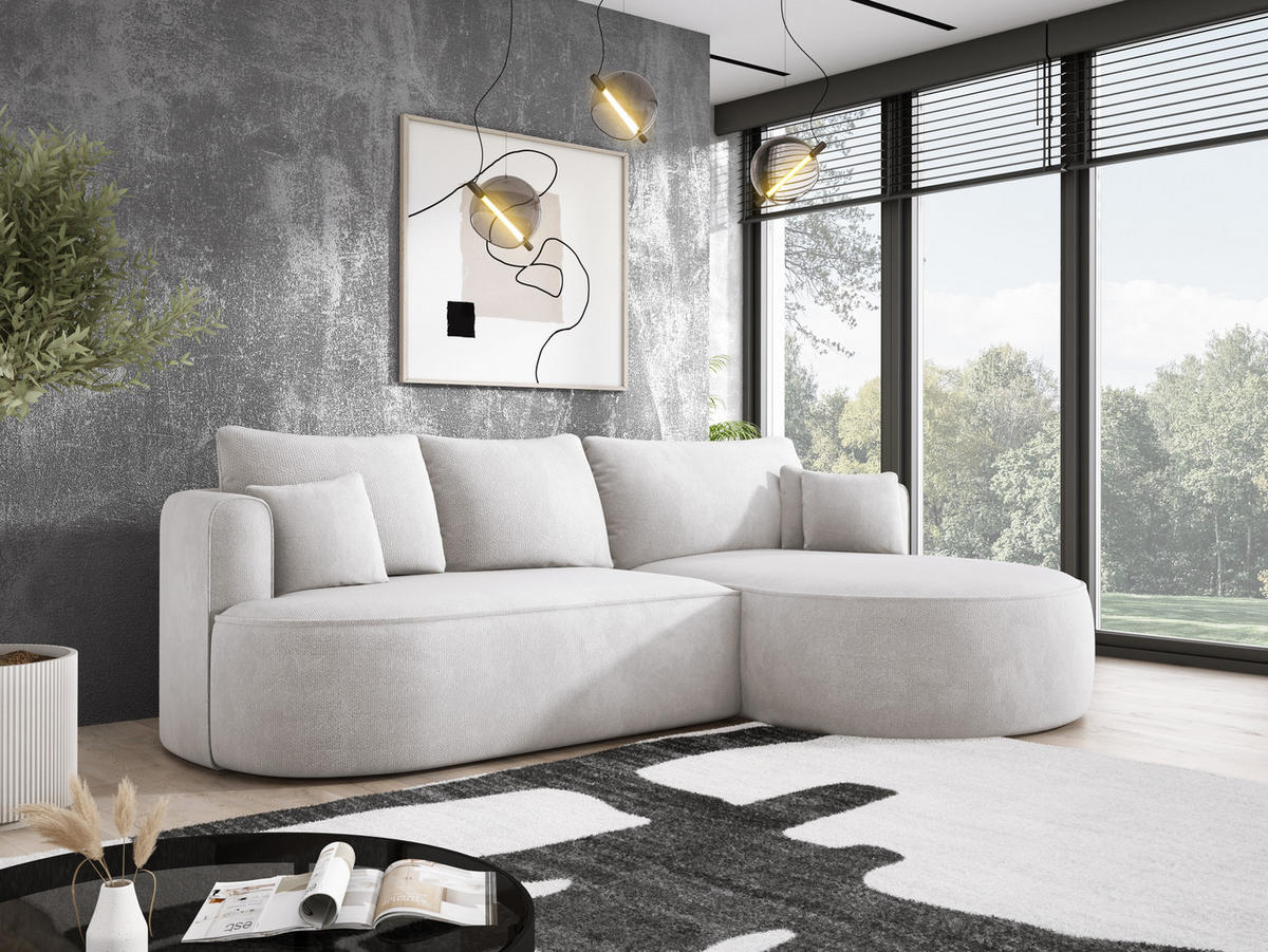 ECKSOFA FIORE-L Moderne Ausziehbare Schlaf-Funktion, automatischer Auffaltung, lose Rückenkissen freistehend RECHTS 284x183x82 cm cm White - Weiß Hochglanz, Holz/Textil (284/183cm) - DomoHome
