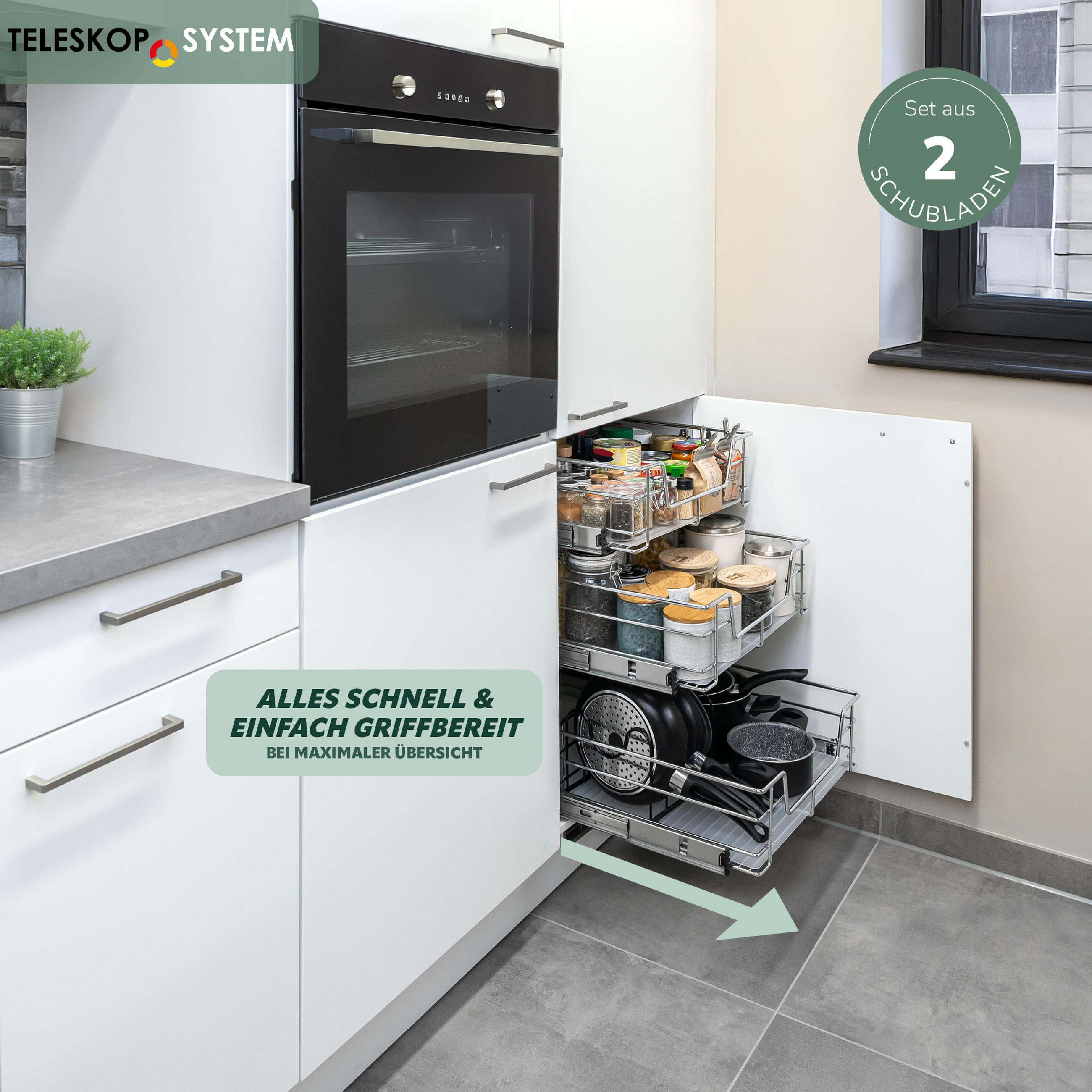 TELESKOPSCHUBLADEN (2er Set), für 60 cm Schrank, Metall, Chrom - Chromfarben, Metall (57/14/44cm) - bremermann