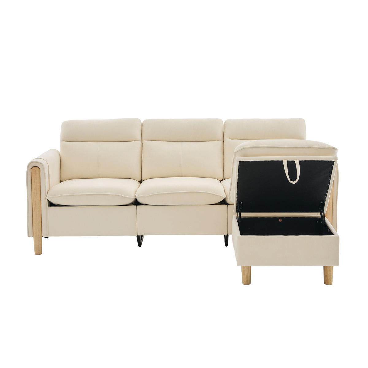 ECKSOFA DE-33940 mit Stauraumhocker und Seitentaschen Beige - Beige, Holz (77/201cm) - ComfortXL