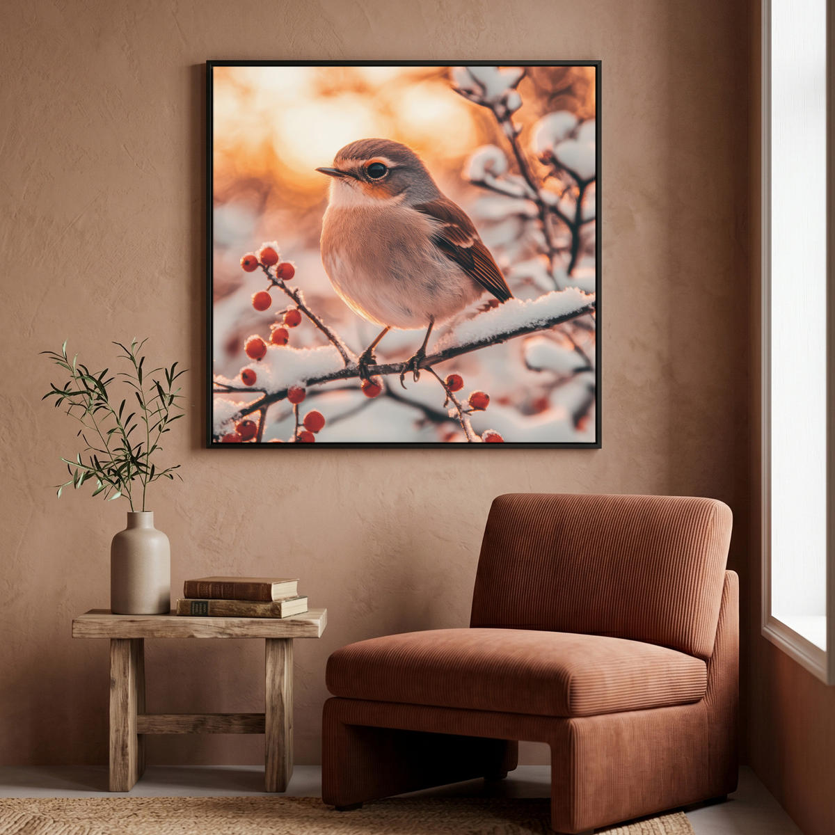 LEINWAND Bilder mit Rahmen - Vogel - Zweig - Winter - Tiere - Schnee - 90x90 - Bernsteinfarben, Textil (90/90cm) - MuchoWow