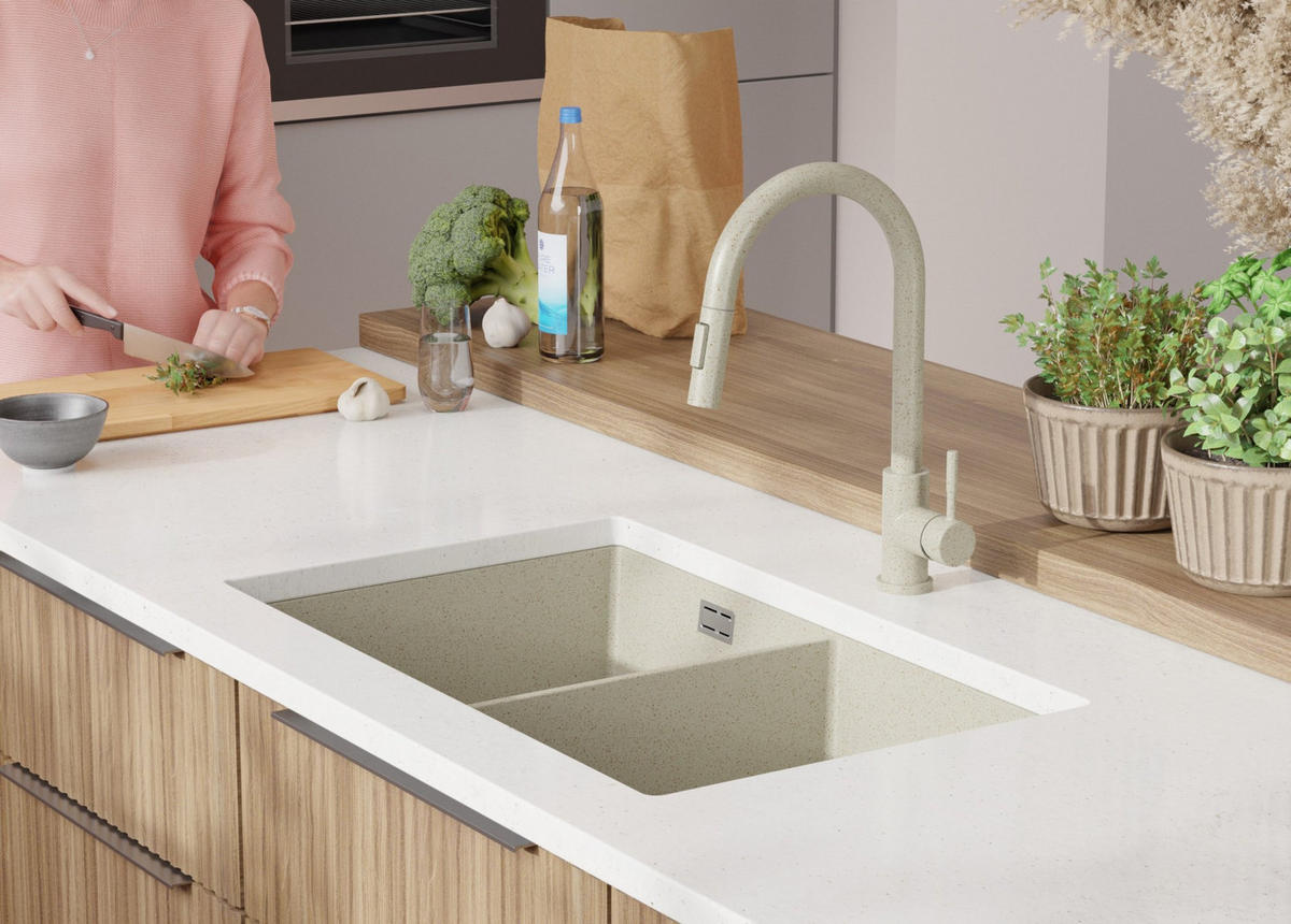 UNTERBAUSPÜLE GRANIT London Twin, 2-er set Beige 76/47 cm 2 Becken + Küchenarmatur 40/20 cm + Ablauf-Set ab 80er Unterschrank - Chromfarben/Beige, Kunststoff (76/20/47cm) - Primagran