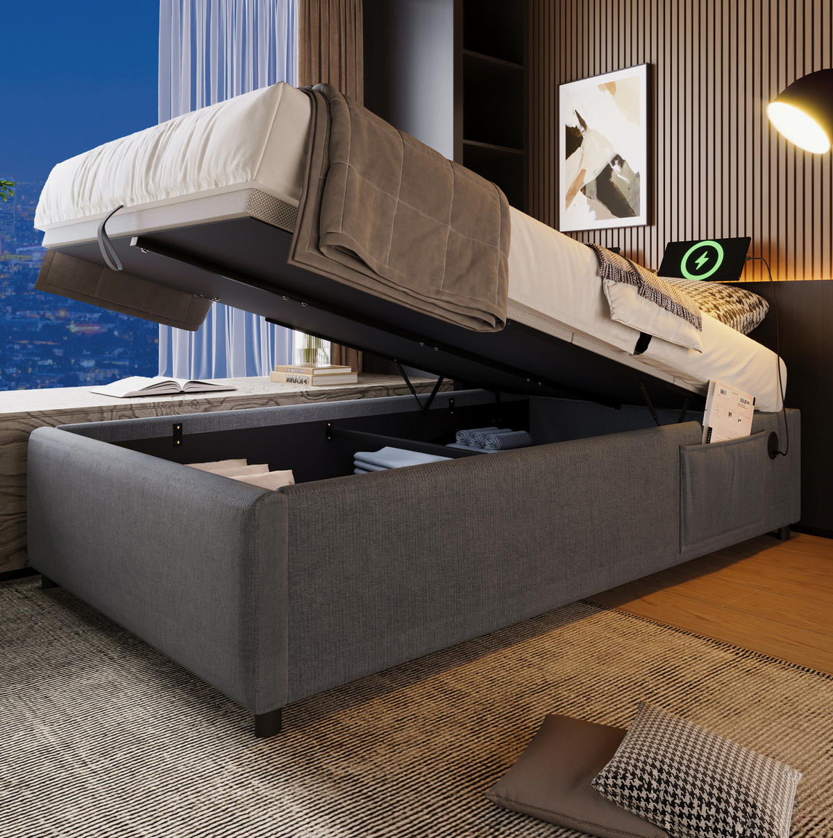 BETT mit Stauraum 90x200 cm Grau USB/Type-C - Grau, Metall (90/200cm) - Meubliv