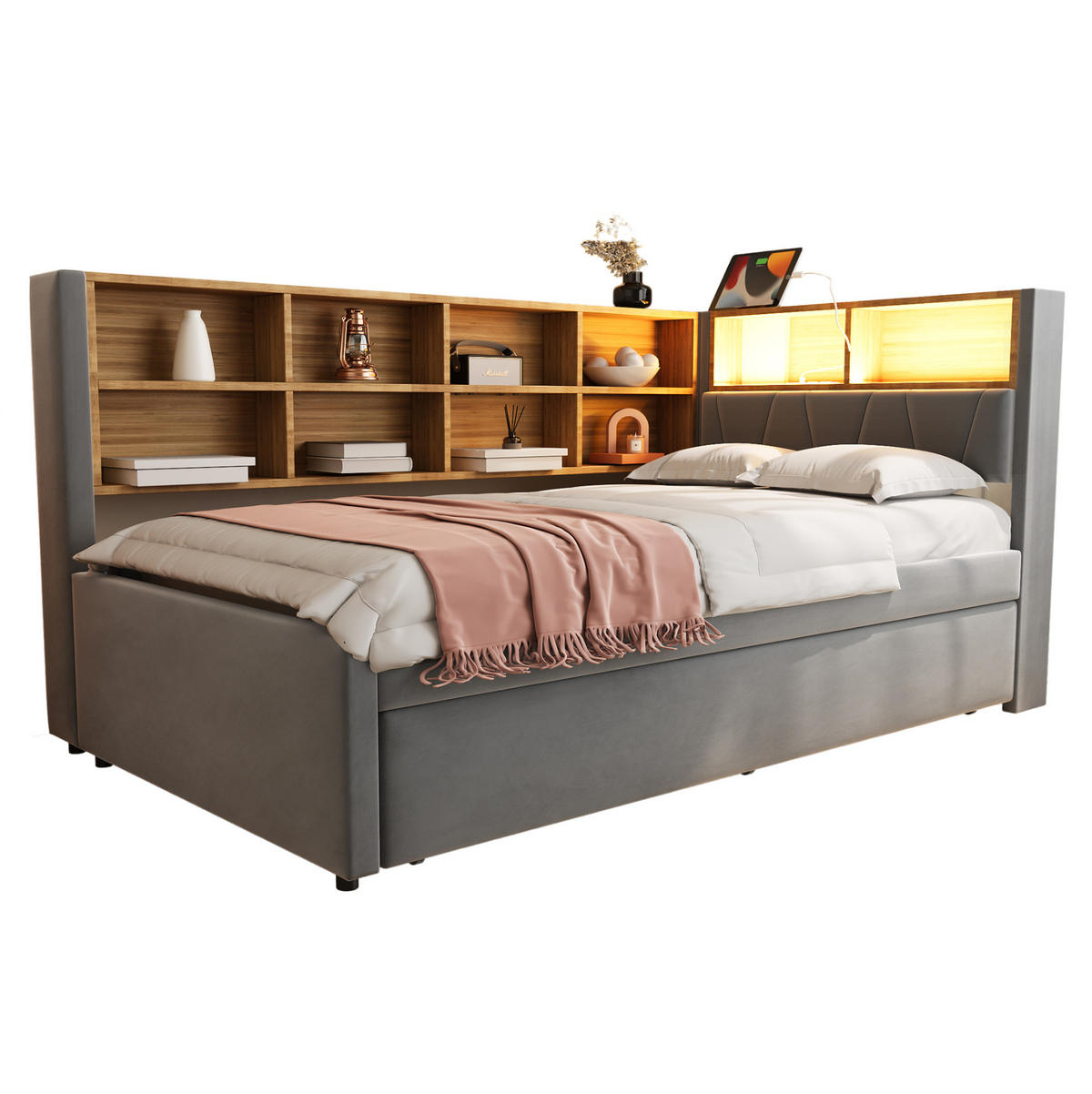 SCHLAFSOFA 90/200 cm mit Ausziehbett 90/190 cm, LED, USB-C, Steckdose und Stauraum, Dunkelgrau - Dunkelgrau, Textil (103/98/213cm) - Redom