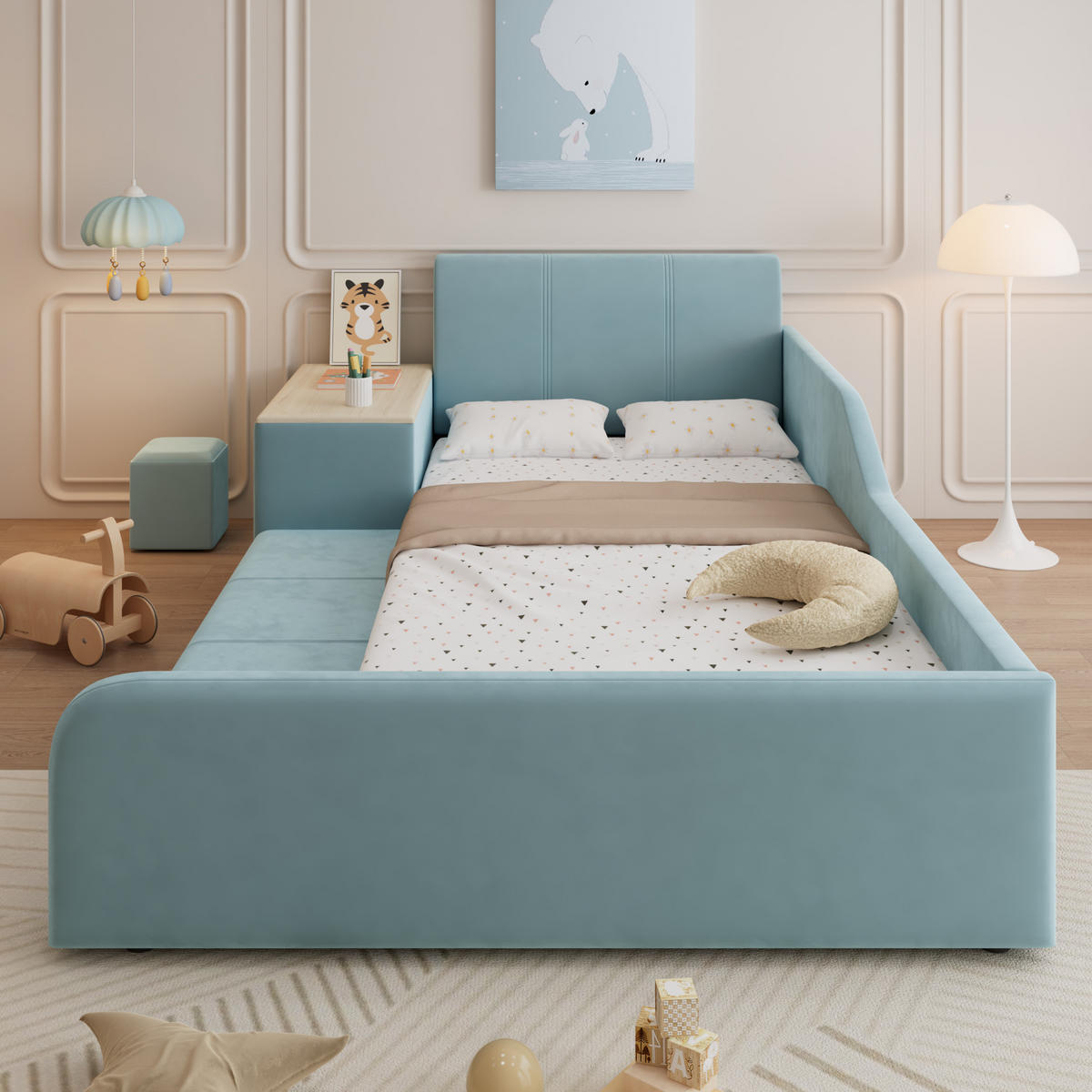 POLSTERBETT 90/200 cm in Blau & Natur mit Schreibtisch, Hocker und Ablage Samt - Blau, Holzwerkstoff/Textil (90/200cm) - CHICFURN