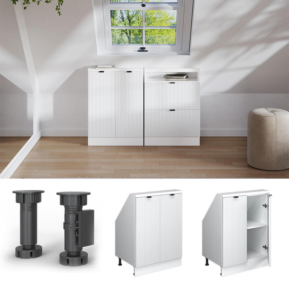 DACHSCHRÄGENSCHRANK Rion Weiß Riffel 60 x 81.6 cm mit 2 Türen - Weiß, Holzwerkstoff (60/81.6/46cm) - Vicco