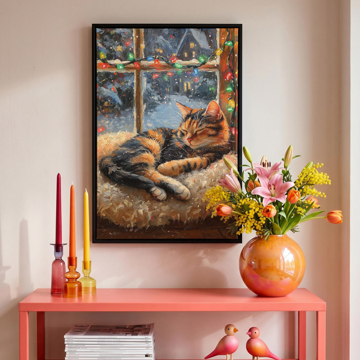LEINWAND Bilder mit Rahmen - Katze - Weihnachten - Winter - Tier - 40x60 - Bernsteinfarben, Textil (40/60cm) - MuchoWow