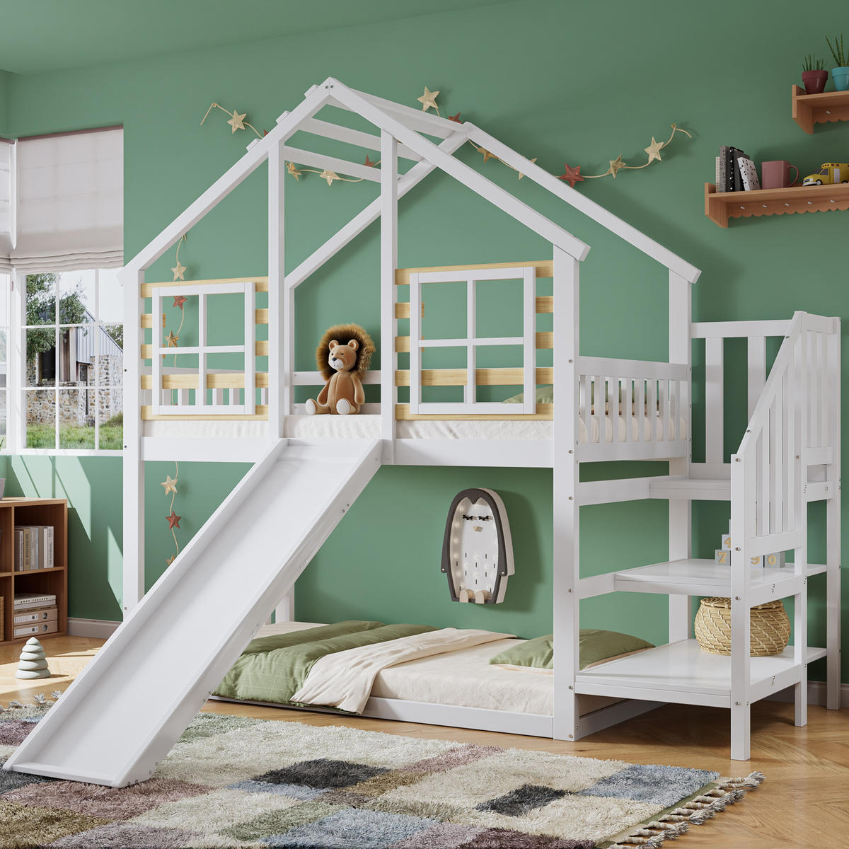 ETAGENBETT 90/200 cm Weiß Blockhaus mit Rutsche und Gitter aus Massivholz - Weiß, Holzwerkstoff (90/200cm) - OKWISH