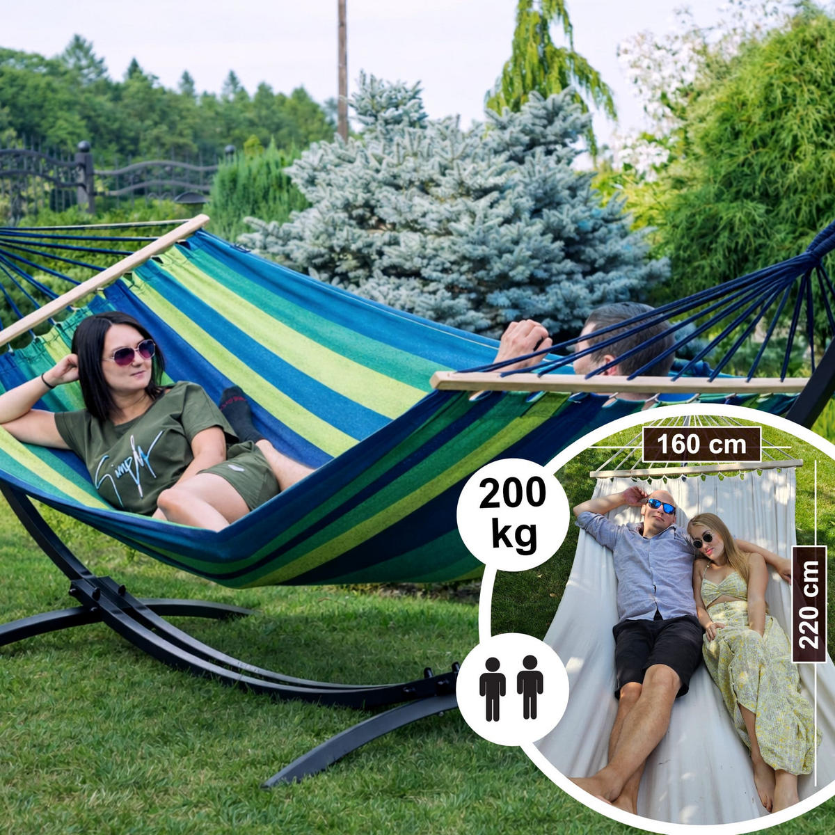 HÄNGEMATTE mit Gestell, 2 Personen, Stabhängematte, XXL, 200 kg, Metall, Grün, einfache Montage - Grün, Metall (370/130/120cm) - Potenza