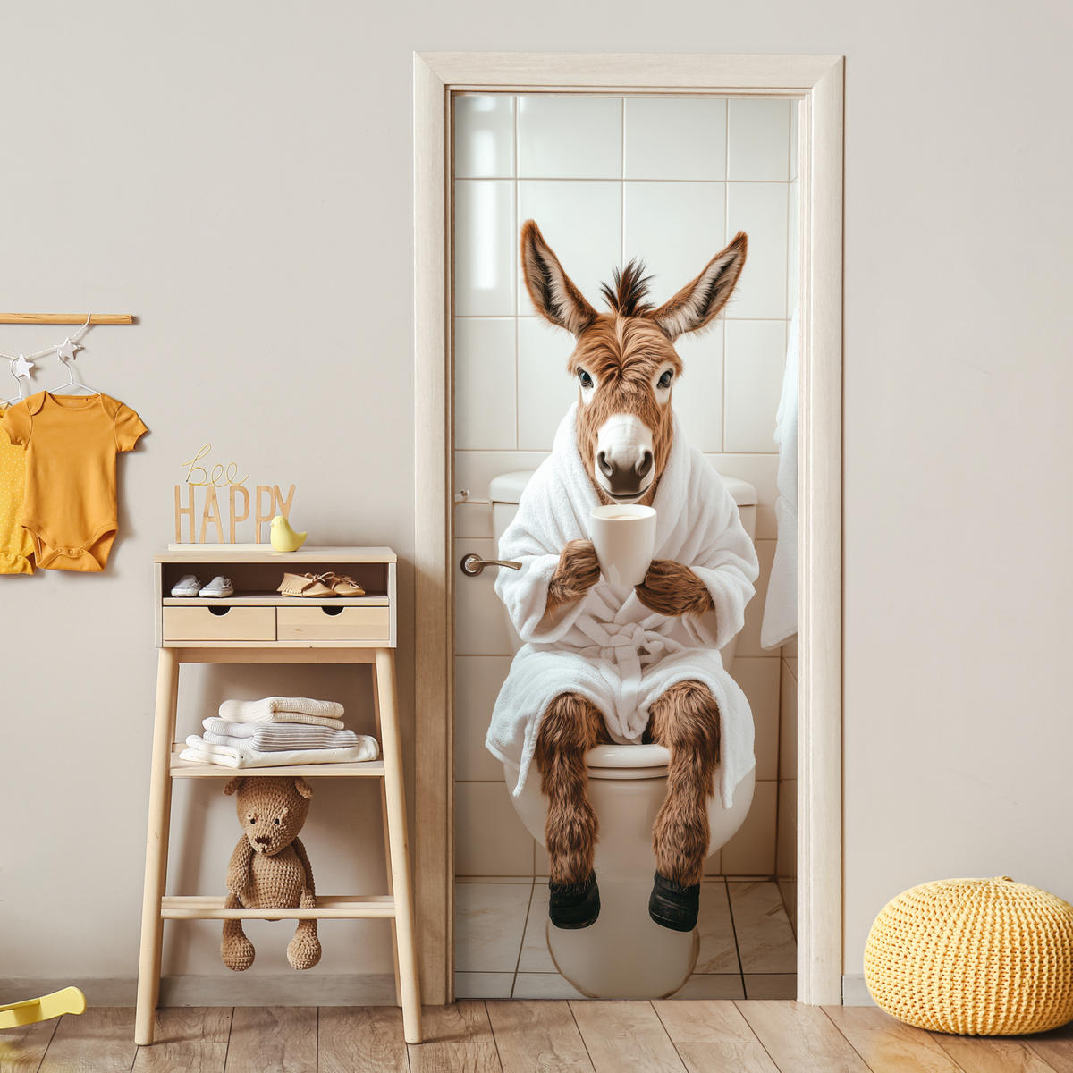 TÜRAUFKLEBER Selbstklebend - Esel - WC - Lustig - Bademantel - Tier 95x235 cm - Türtapete - Beige, Kunststoff (95/0.1cm) - MuchoWow