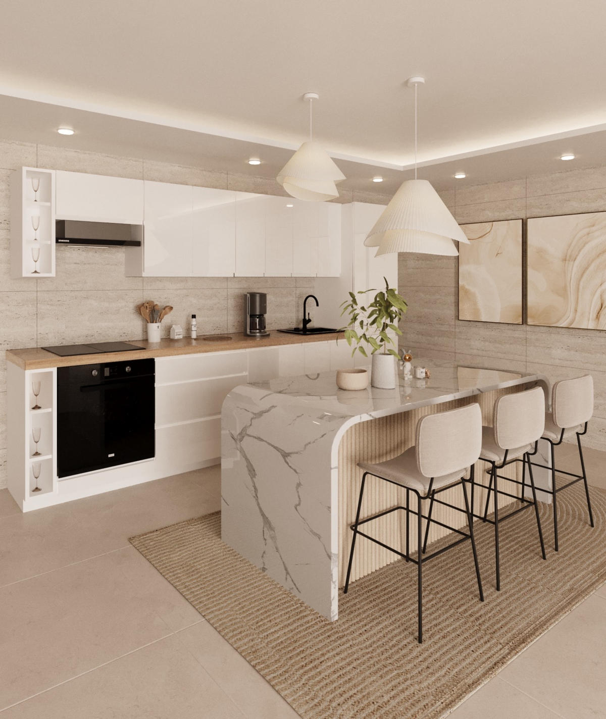 KÜCHENZEILE 340 cm - Aspen KA12-M340- in Weiß/Hochglanz - Weiß Hochglanz, Holz (340/212/58cm)