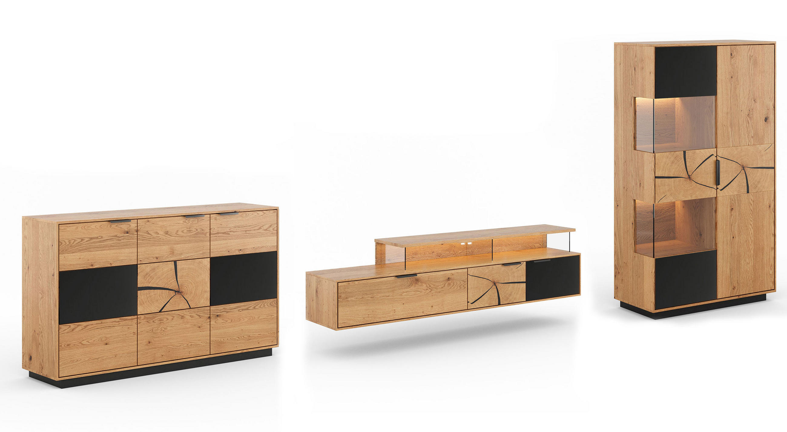 WOHNWAND Tirano 3er-Set Eiche Natur / Schwarz / Hirnholz - Eichefarben/Multicolor, Holz/Metall (437/147/39cm) - Feldmann-Wohnen