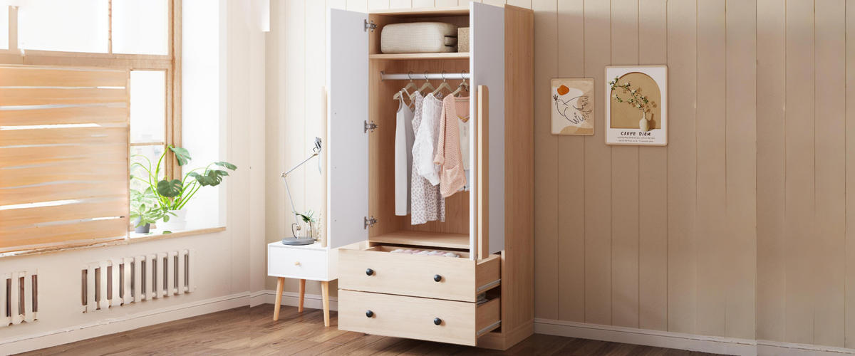 KLEIDERSCHRANK 70/170/40 cm Weiß/Holzfarbe aus Holz mit 2 Schubladen - Naturfarben, Holzwerkstoff (40/170/70cm) - OKMYHOME