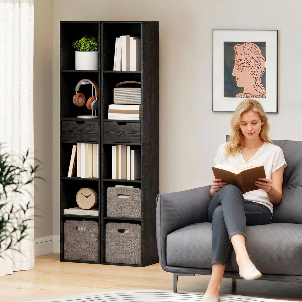 BÜCHERREGAL,4 Ablagen Schrank Schublade 30x24x158cm,schwarz - Schwarz, Holzwerkstoff (30/158/24cm) - Vallsero