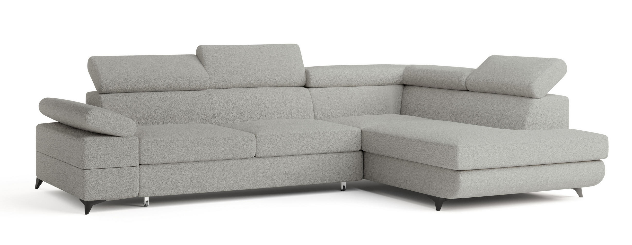 ECKSOFA FAVIEN R-S Hellgrau Boucle-Stoff mit Schlaffunktion - Hellgrau, Holz (257/190cm) - MASSENO