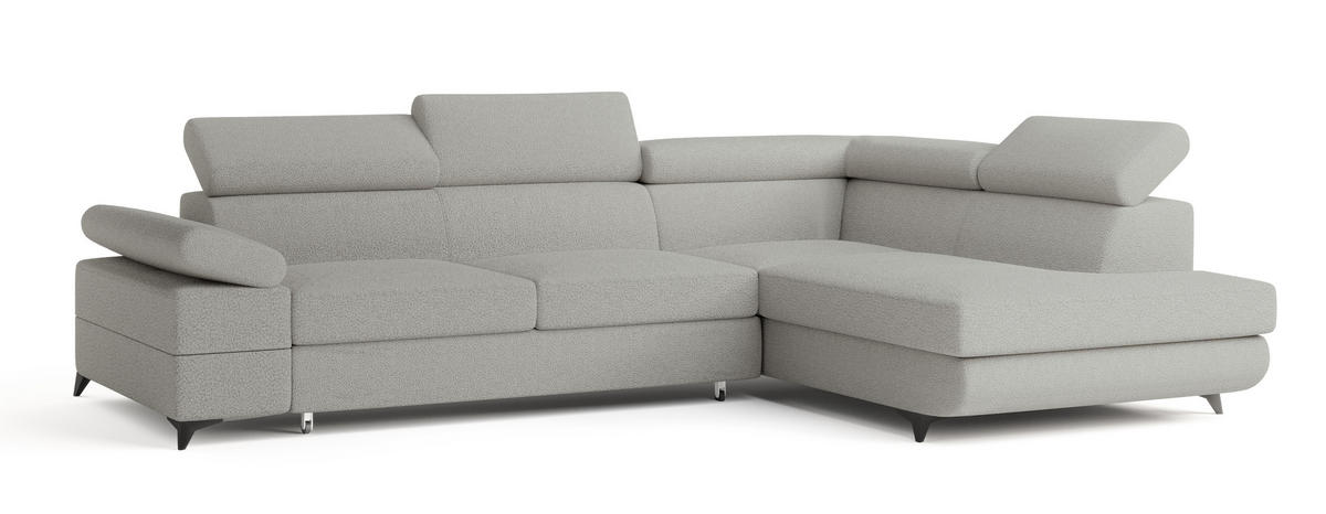 ECKSOFA FAVIEN R-S Hellgrau Boucle-Stoff mit Schlaffunktion - Hellgrau, Holz (257/190cm) - MASSENO