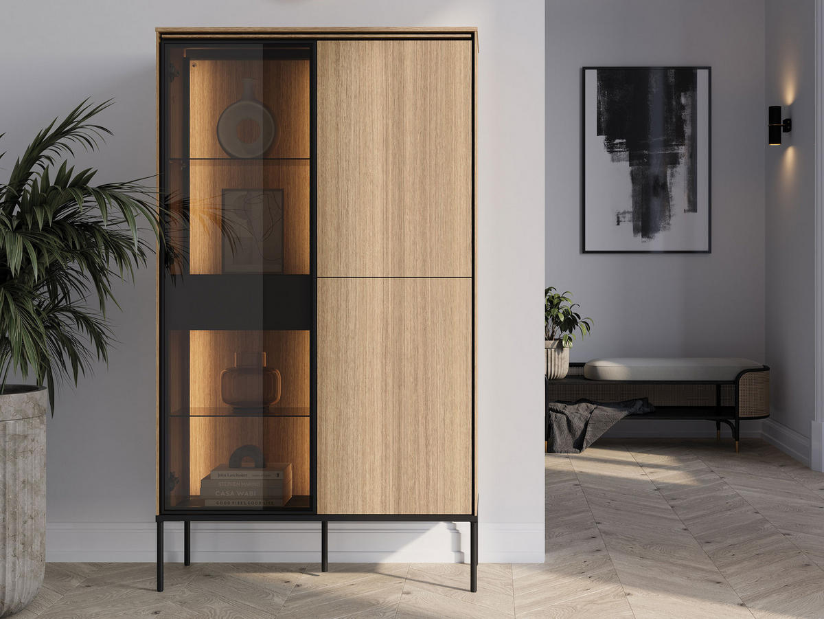 VITRINE 2D1W Visso VI-01 - Eichefarben/Schwarz, Holzwerkstoff/Metall (91/158/34cm) - MIRJAN24