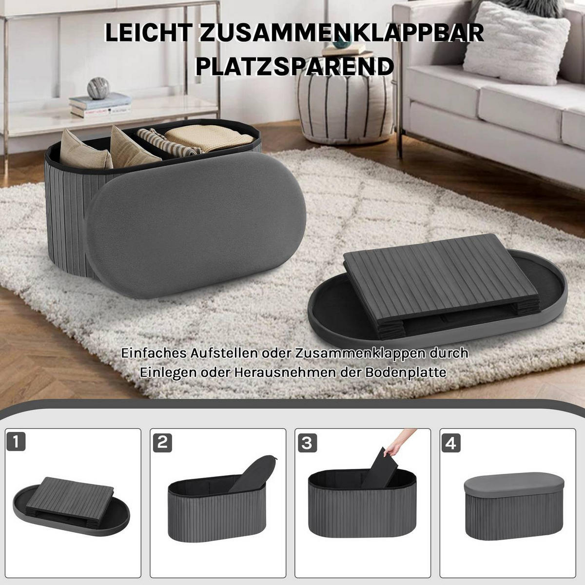 SITZHOCKER mit Deckel Stauraum, 76x38x38 cm, Dunkelgrau - Dunkelgrau, Textil (78/38/38cm) - Woltu