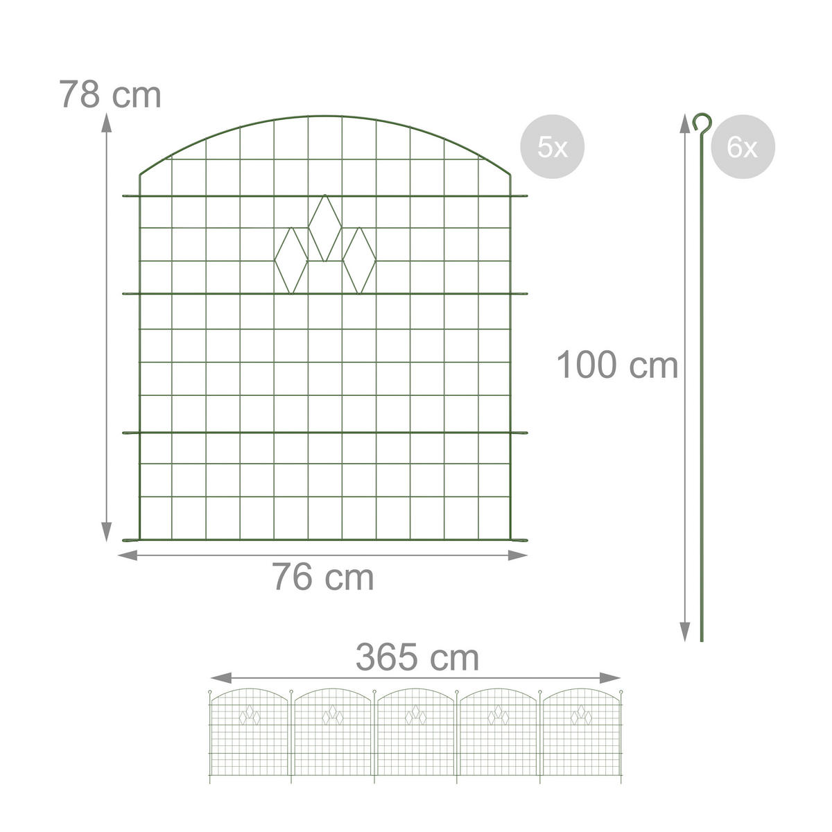5XTEICHZAUN - Dunkelgrün, Metall (365/78cm) - Relaxdays