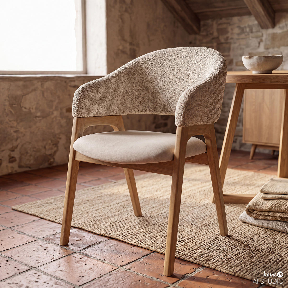 ARMLEHNENSTUHL - Holzwerkstoff / Massivholz / Textil - Creme, Eichenholz/Holz (60/82/59cm) - home24