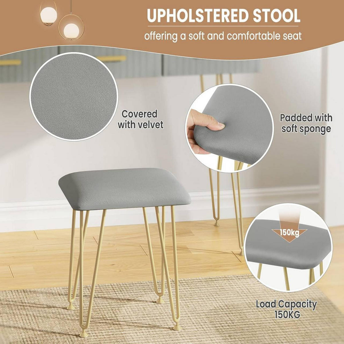 SCHMINKTISCH mit LED Beleuchtung Samthocker, 3 Schubladen - Goldfarben/Weiß, Holzwerkstoff/Metall (100/121.5/40cm) - Woltu